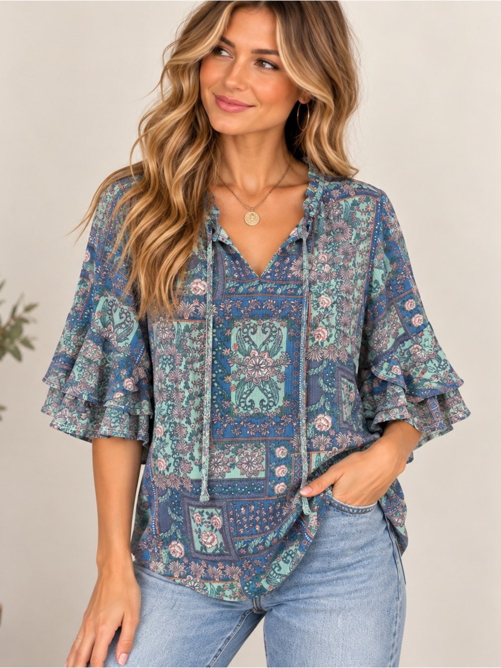 Boho Floral Patchwork Ruffle Bell Sleeve Top Small